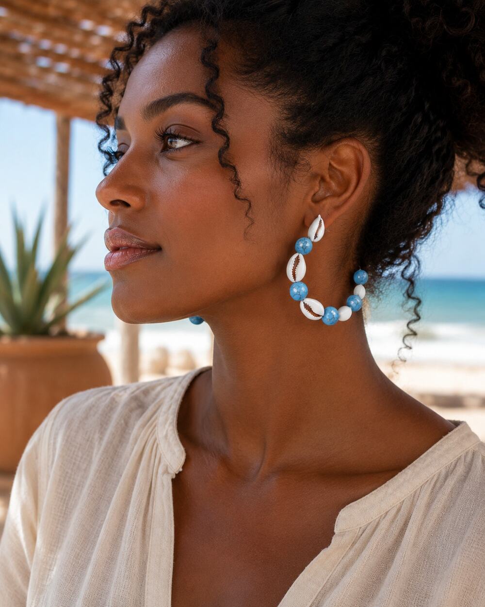 Cowrie Shell Blue Beaded Open Hoop Earrings Large Boho Coastal Statement